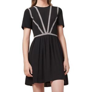 Maje Risea Unique Black + White Dress, Fit & Flare Embroidered Trim Sz 2 (6-8) M